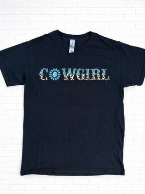 Gildan Black Kids "Cowgirl" Graphic Tee with Turquoise & Leopard Print